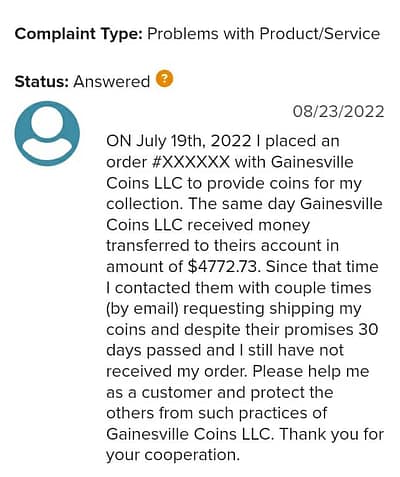 Gainesville coins bbb complaint 1