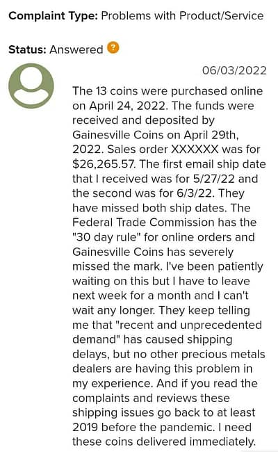 Gainesville coins bbb complaint 3
